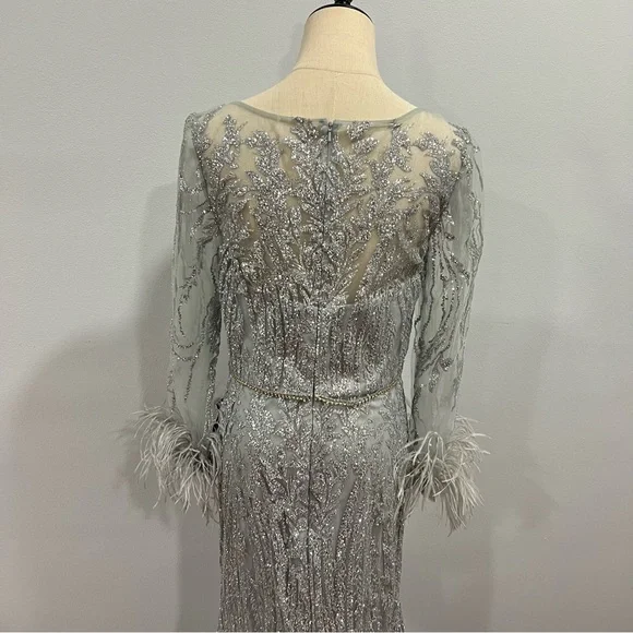 CINDERELLA DIVINE Fitted Long Glitter Evening Dress With Feathers Sleeves - Picture 12 of 16